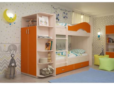 Двухъярусная кровать со шкафом Мая латофлексы оранжевый