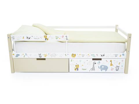 Кровать-тахта Svogen с ящиками и бортиком с фотопечатью бежевый/зверята