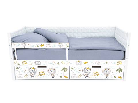 Кровать-тахта Svogen мягкая с ящиками и бортиком с фото белый/львята