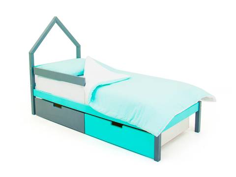 Кровать-домик мини Svogen с ящиками и бортиком графит-мятный