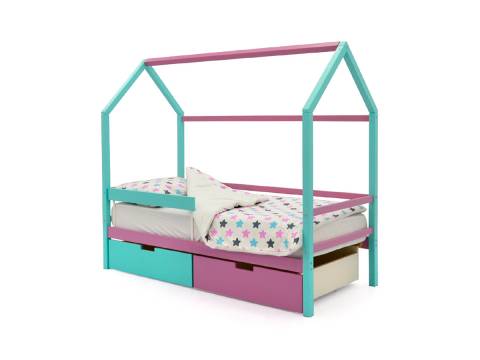 Кровать-домик Svogen с ящиками и бортиком мятный-лаванда