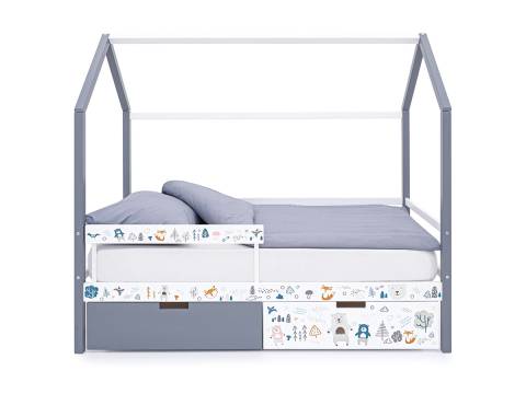 Кровать-домик Svogen с фото с ящиками и бортиком графит/мишки