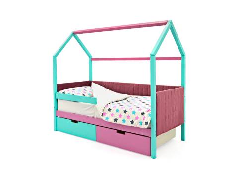 Кровать-домик мягкий Svogen с ящиками и бортиком мятный-лаванда