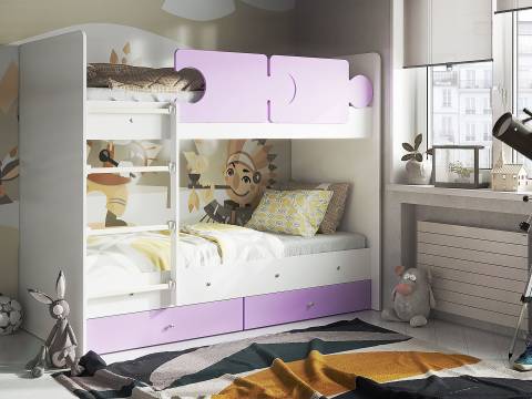 Кровать двухъярусная Тетрис латы с бортиками белый-ирис