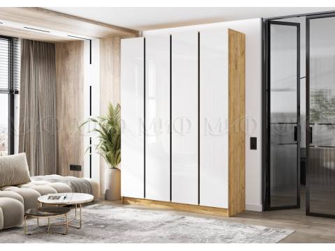 Шкаф четырехстворчатый Келвин (1600) Белый Глянец, Дуб Крафт-вставка черная