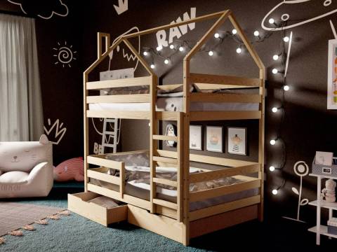 Двухъярусная кровать-домик без покраски 80х160 см с ящиками