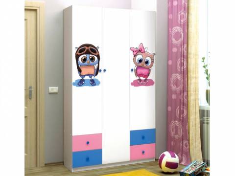 Шкаф трехдверный с ящиками и фотопечатью Совята 3.1